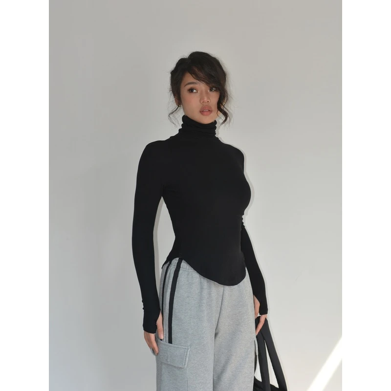 修身加绒打底衫女秋冬新款磨毛弹力高领T恤紧身纯色长袖显胸上衣