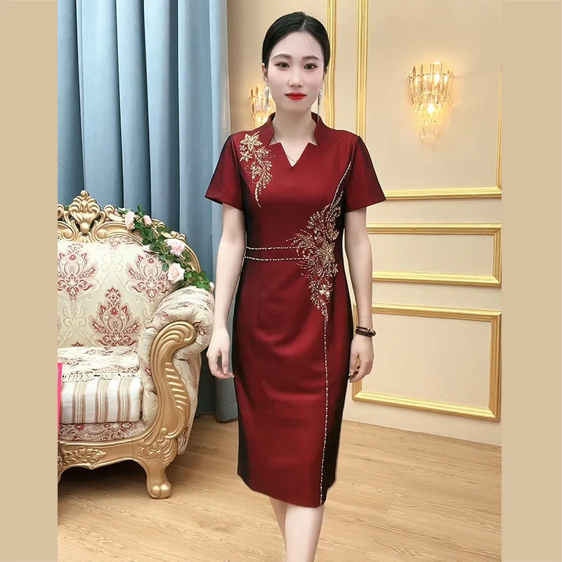 裙子时尚喜婆婆妈妈婚宴高考陪考夏季婚礼长款宴会大码高档中年