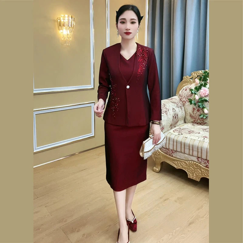 喜婆婆长袖二件套40到50岁洋气妈妈装婚宴气质敬酒服时尚裙子