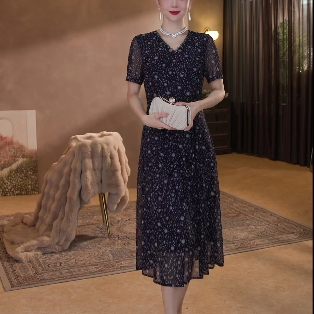 【香妮芬】83156进口纱连衣裙新中式国风新款大码显瘦高弹