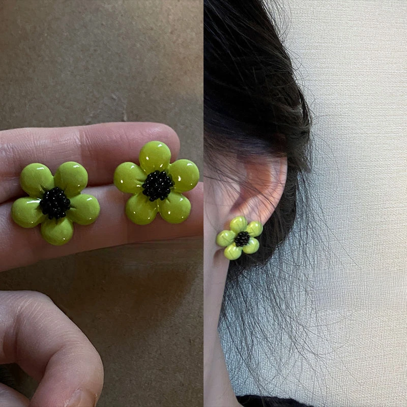 raspberry 牛油果绿花朵耳环 韩国撞色百搭设计甜美复古小众耳钉