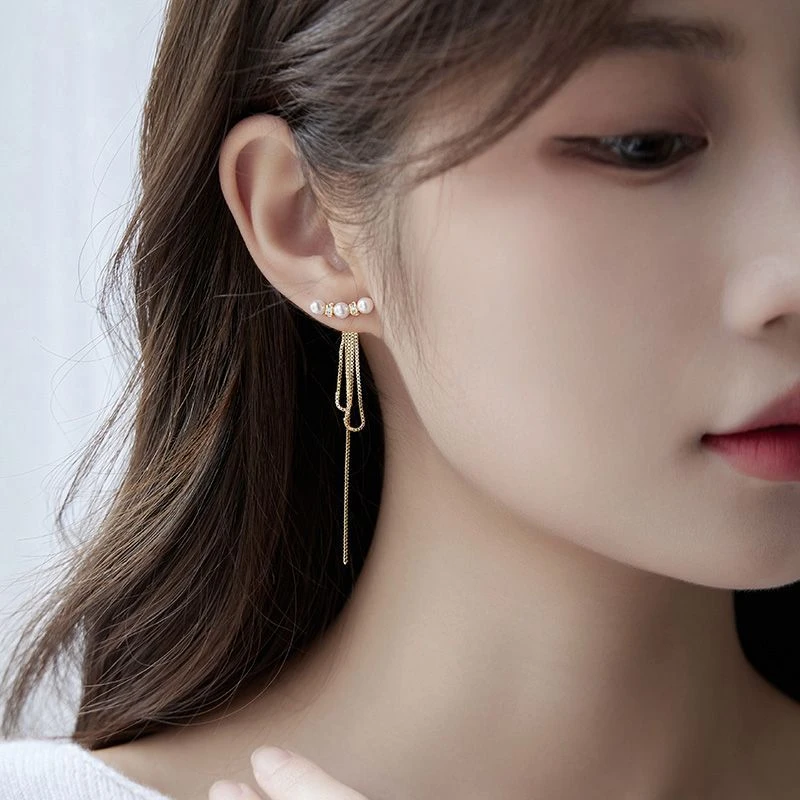 方脸适合的流苏耳环气质名媛圆脸珠珠长款小众设计感耳钉耳饰女