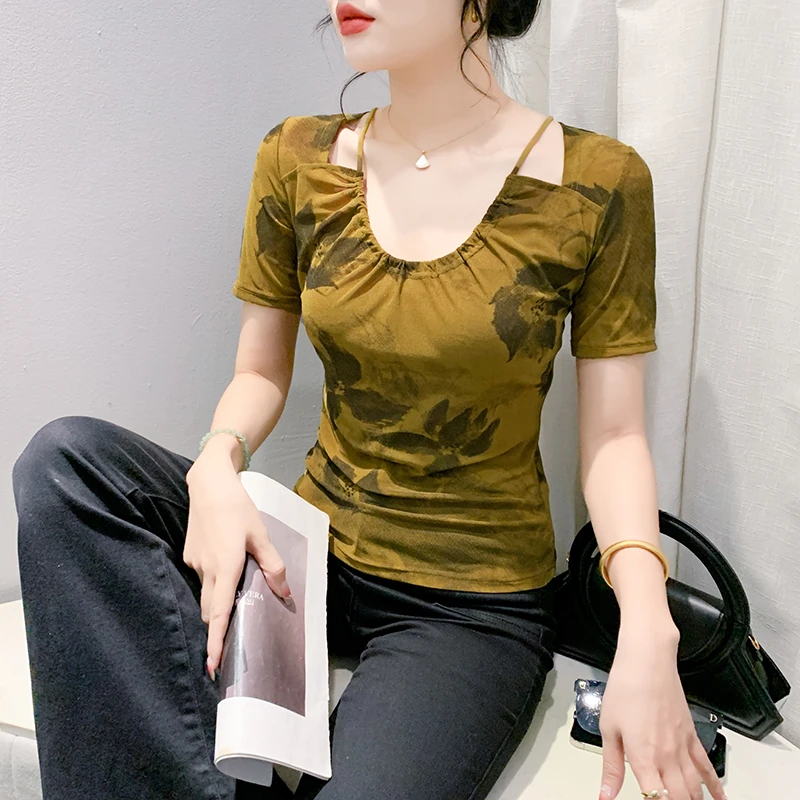 欧洲站2024年夏季小衫v领印花弹力修身套头短袖进口网纱休闲上衣