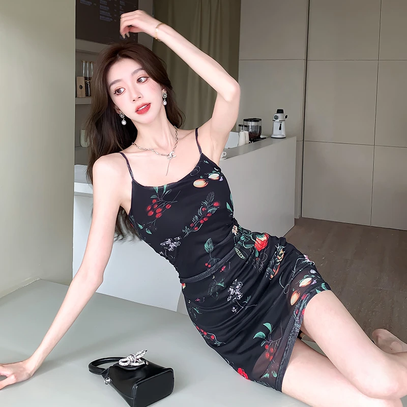 夏季新款美式辣妹网纱吊带裙百搭气质修身性感包臀裙纯欲连衣裙女