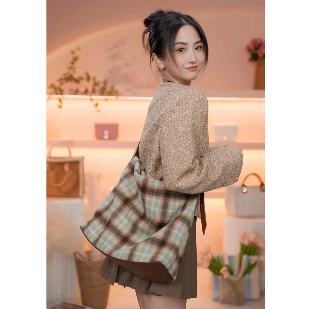 DALU【毛呢格子】秋冬美拉德大容量手感舒适毛呢格子托特包包肩包