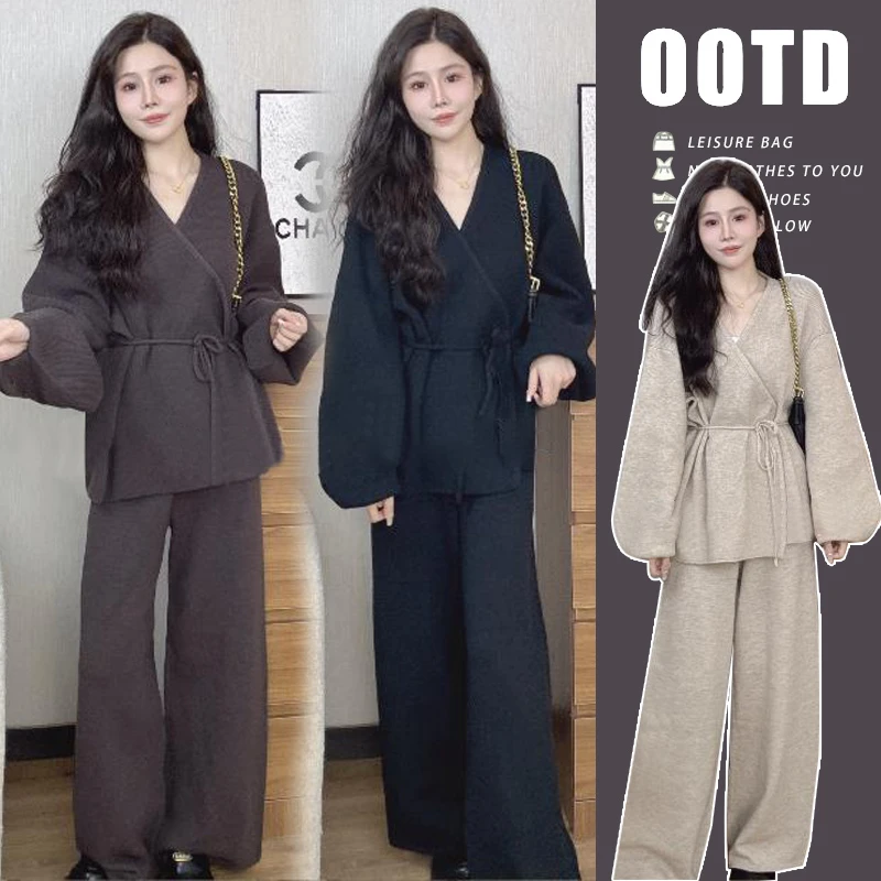 孕妇装秋冬款套装外穿加厚保暖慵懒风高级感针织毛衣两件套遮肉款