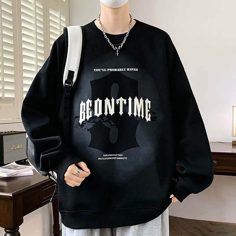 青少年圆领卫衣男秋季港风时尚潮流学生宽松青少年帅气百搭上衣服