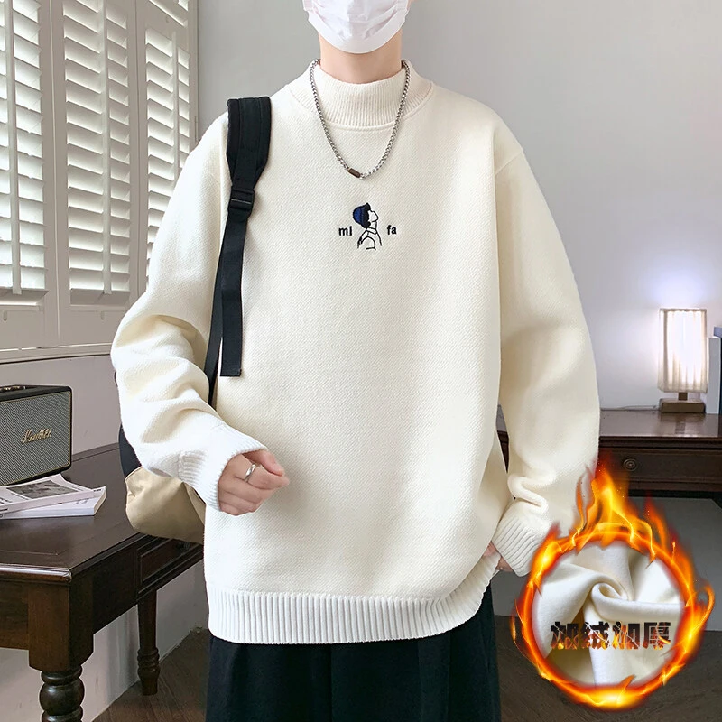 冬季青少年半高领男士毛衣港风潮流学生加厚一体绒保暖针织打底衫
