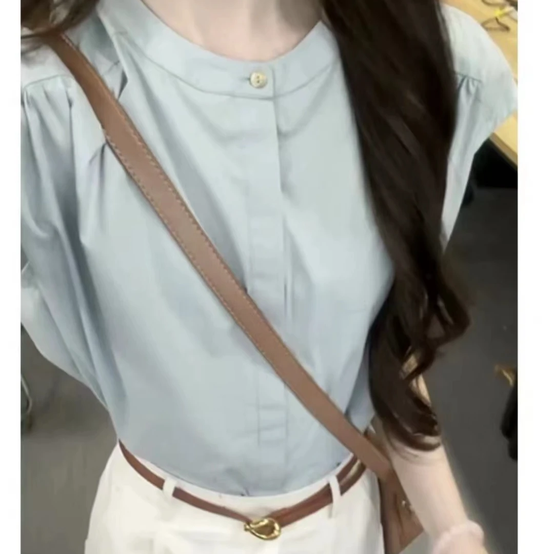 【衬衫】夏季女士气质高级感圆领蓝色小飞袖衬衫S173