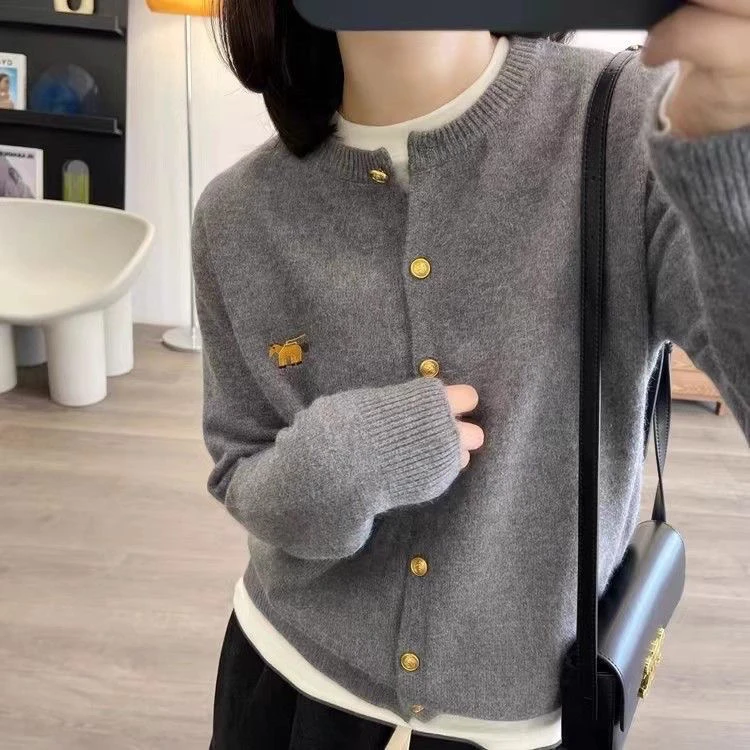 100%美丽诺羊毛开衫女宽松高级感圆领刺绣灰色毛衣小个子针织外套