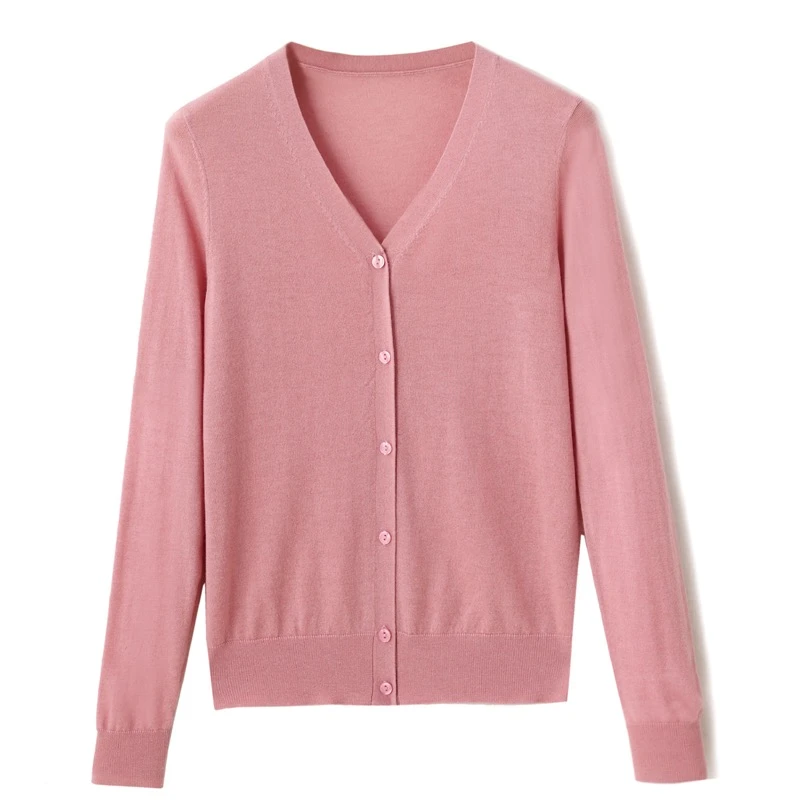 V领精纺羊毛针织开衫女外套宽松上衣春夏外搭空调衫打底薄防晒衫