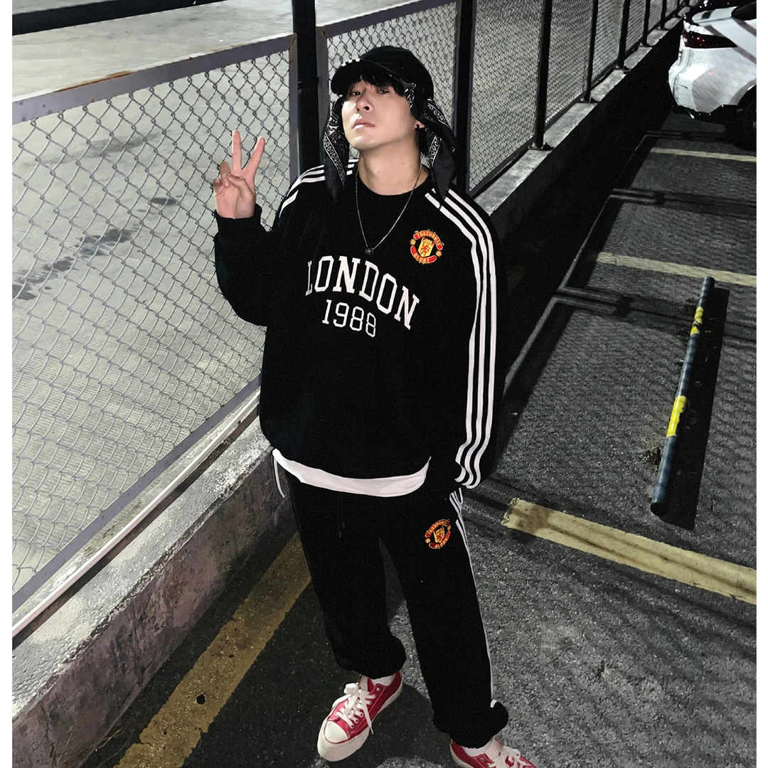 【套装】春季运动休闲情侣男三条杠套头圆领卫衣宽松长裤