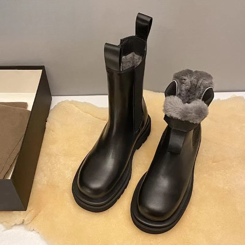 头层牛皮内增高皮毛一体雪地靴女切尔西马丁靴烟筒靴显瘦保暖厚底