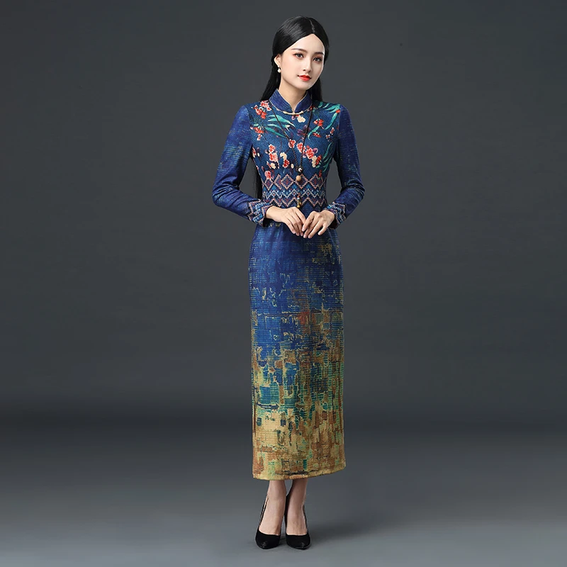 壹玺秋冬新款鹿皮绒长款长袖弹力旗袍裙旗袍