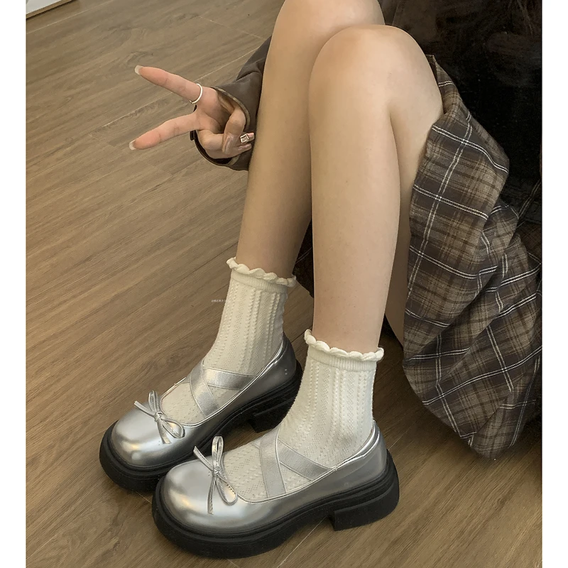 银色法式英伦风厚底玛丽珍小皮鞋女2025新款春款浅口配裙子jk单鞋