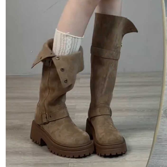 复古两穿不过膝长靴女2024年秋冬新款厚底增高显瘦时尚百搭骑士靴