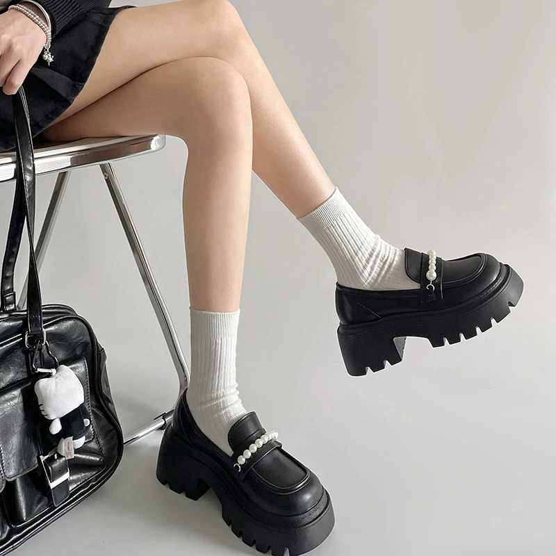 黑色厚底复古粗跟乐福鞋女2024新款秋季配裙子一脚蹬英伦风小皮鞋