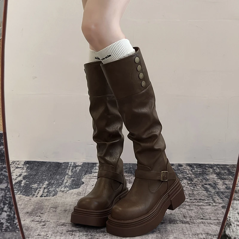 美式复古美拉德粗跟厚底长筒靴女2025新款春秋显瘦不过膝骑士靴子