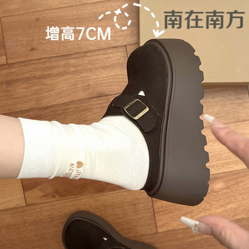 南在南方复古加绒厚底包头半拖鞋女外穿2025新款春秋增高勃肯棉拖