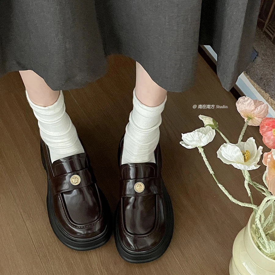 黑色百搭英伦风厚底小皮鞋女2024新款春秋复古法式一脚蹬乐福单鞋