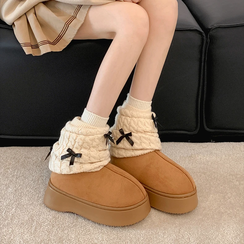 南在南方蝴蝶结厚底雪地靴女款2025新款冬季增高保暖加绒加厚棉鞋