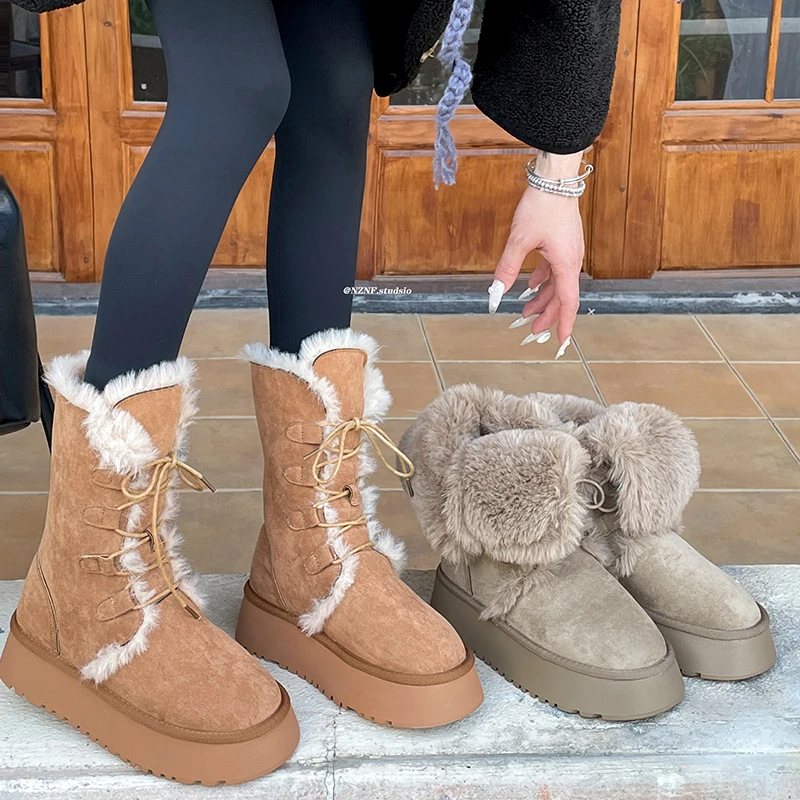 南在南方两穿复古厚底雪地靴女2024新款秋冬加绒加厚保暖软底棉鞋