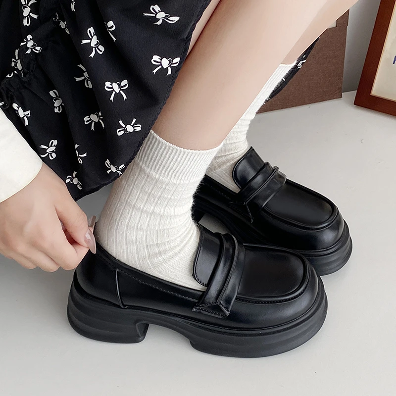 黑色法式小头厚底乐福鞋2024新款夏季百搭粗跟英伦风一脚蹬小皮鞋