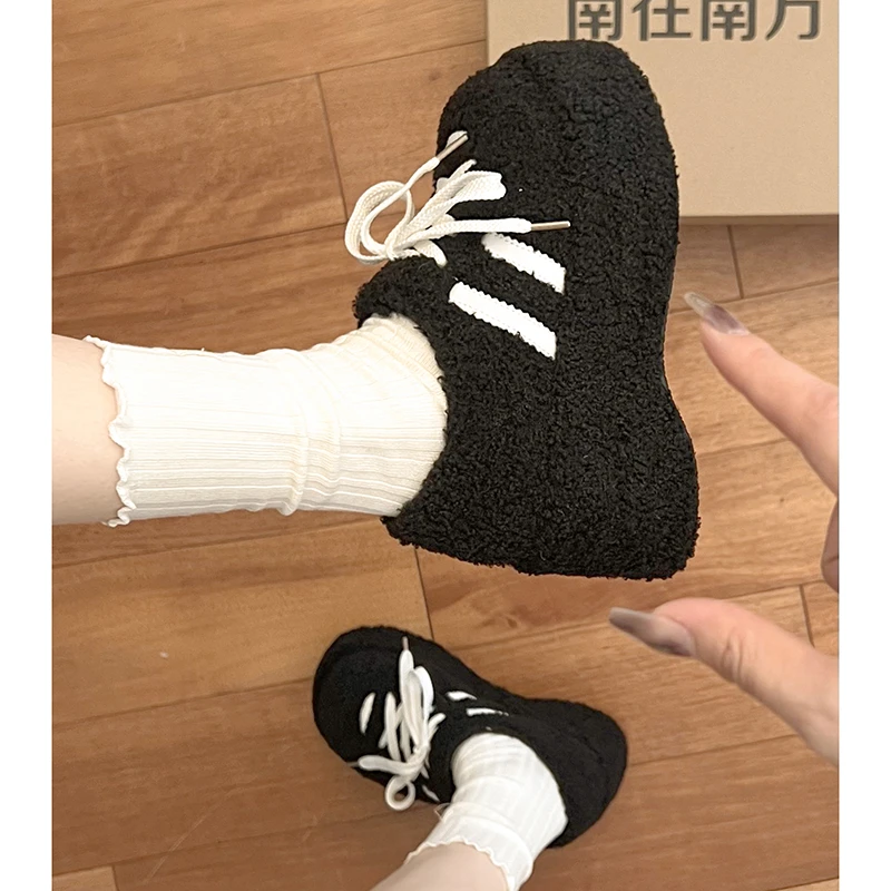 南在南方黑色一脚蹬厚底毛毛鞋女冬外穿2024新款加绒加厚保暖棉鞋