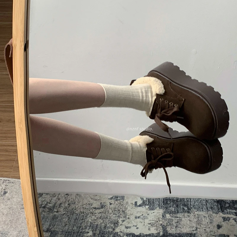 南在南方复古增高厚底棉鞋女款2024新款冬季加绒加厚勃肯毛毛鞋子