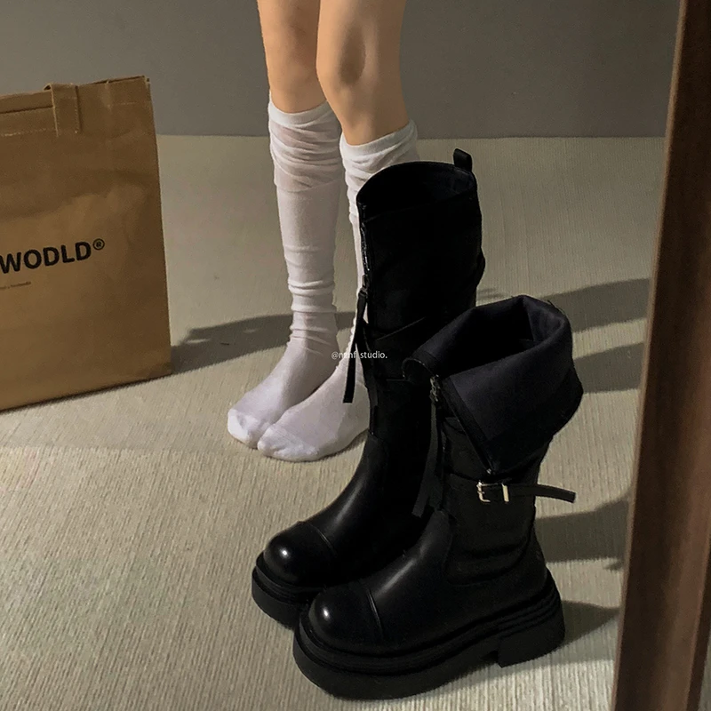 黑色复古英伦风粗跟厚底长筒靴女2025新款春秋季增高显瘦骑士靴子
