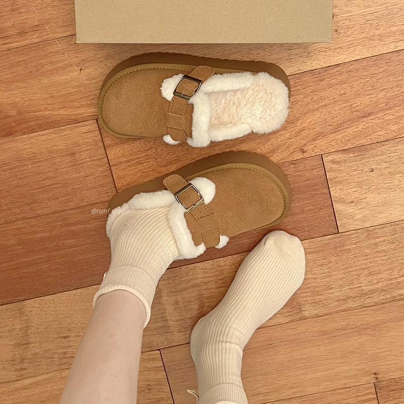 南在南方复古厚底毛毛拖鞋女2024新款秋冬外穿加绒防滑勃肯棉拖鞋