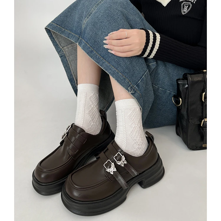 棕色法式英伦风增高厚底小皮鞋女秋冬配裙子2023新款复古粗跟单鞋