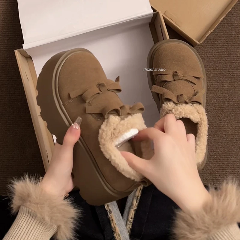 蝴蝶结增高厚底棉鞋女款2025新款冬季加绒加厚一脚蹬勃肯毛毛鞋子