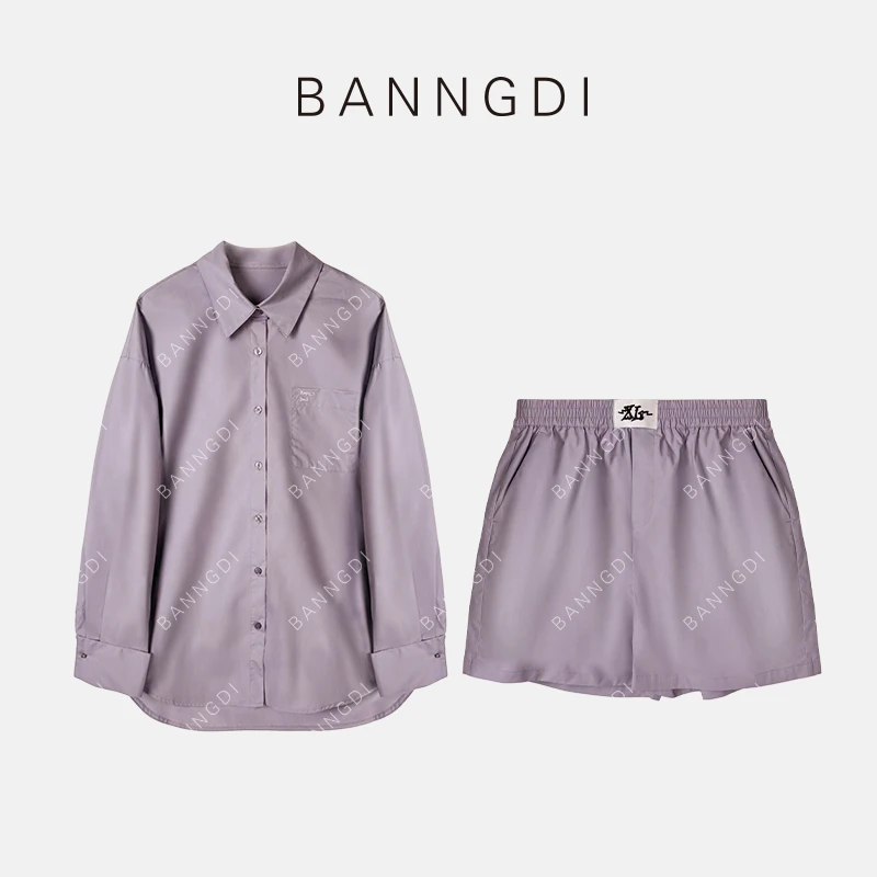 BANNGDI 设计师气质休闲简约时尚短款夏季女士宽松女装衬衫套装