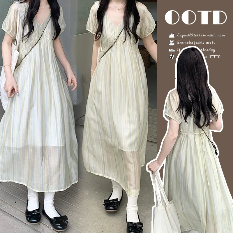 孕妇装夏季连衣裙拼色宽松显瘦超仙甜美短袖垂顺韩式v领中长裙夏