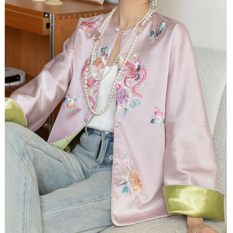 中国风女装改良新中式醋酸双面穿外套女圆领宽松花卉刺绣盘扣上衣