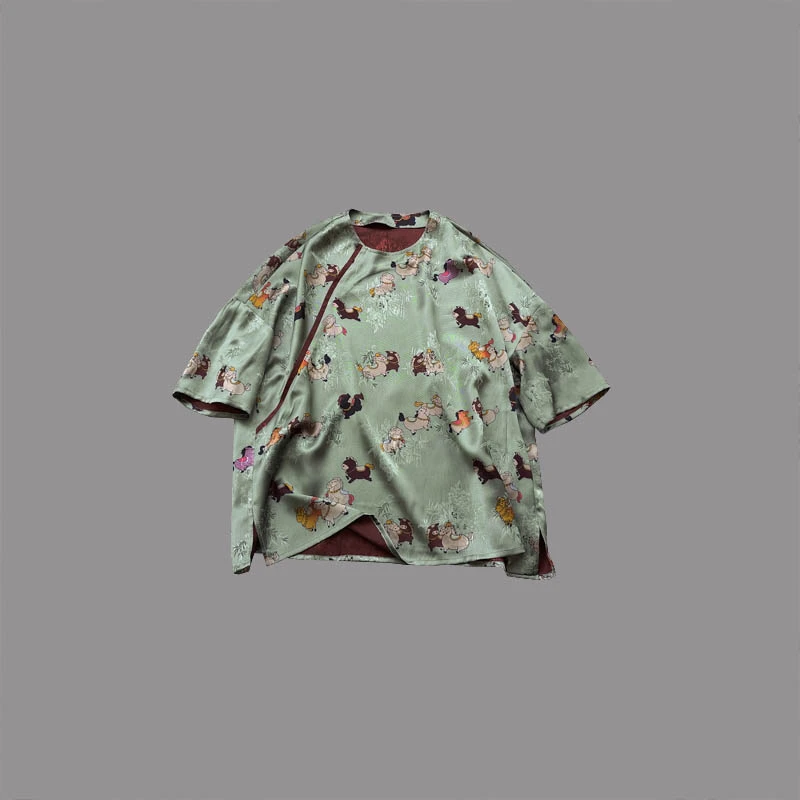 奔腾的小马超宽松大版型休闲日常国风斜襟人丝提花上衣女中式