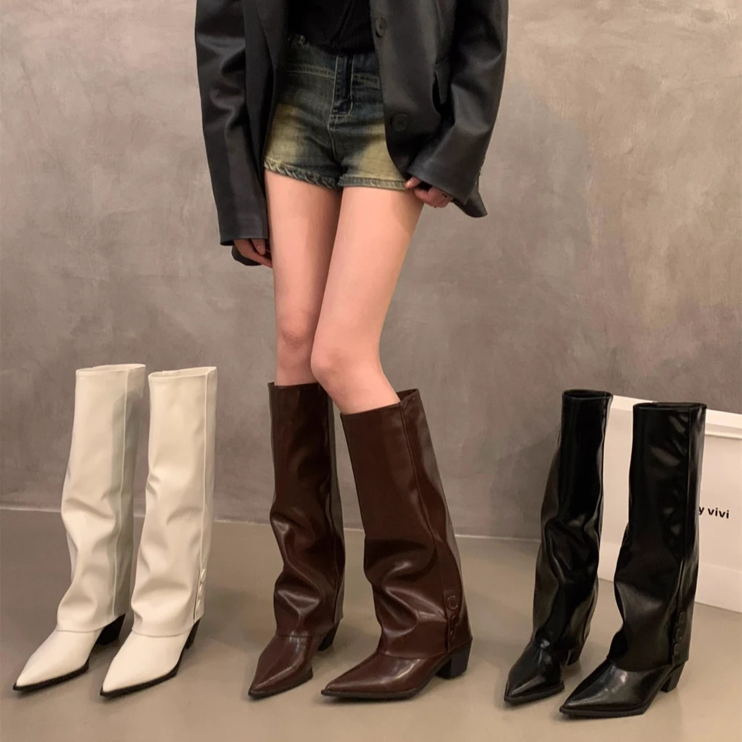 欧美复古时尚百搭黑色长筒靴女尖头粗跟辣妹裤管靴小众设计骑士靴