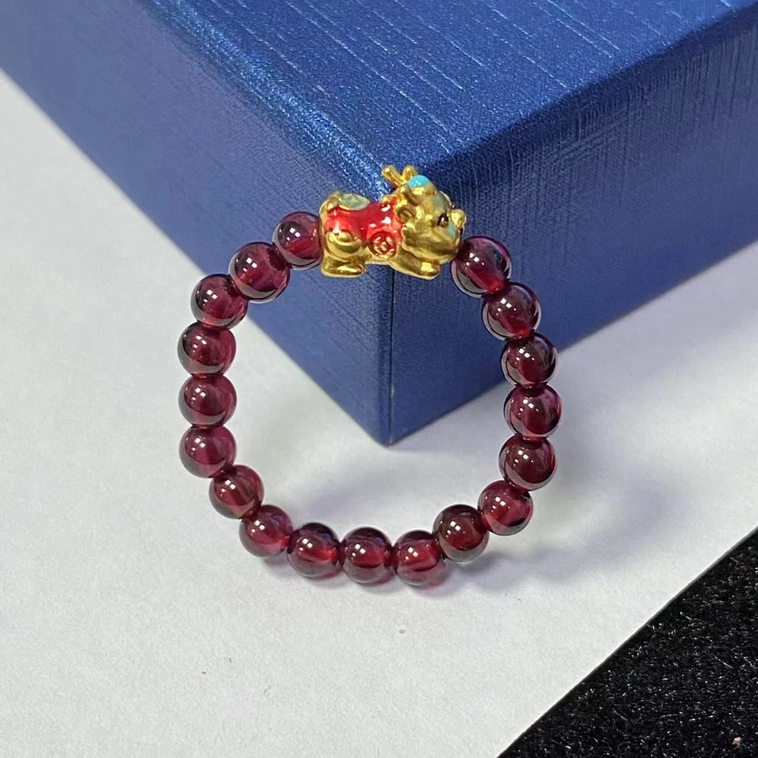 金城 足金999小貔貅宝宝穿石 榴 石戒@@A110