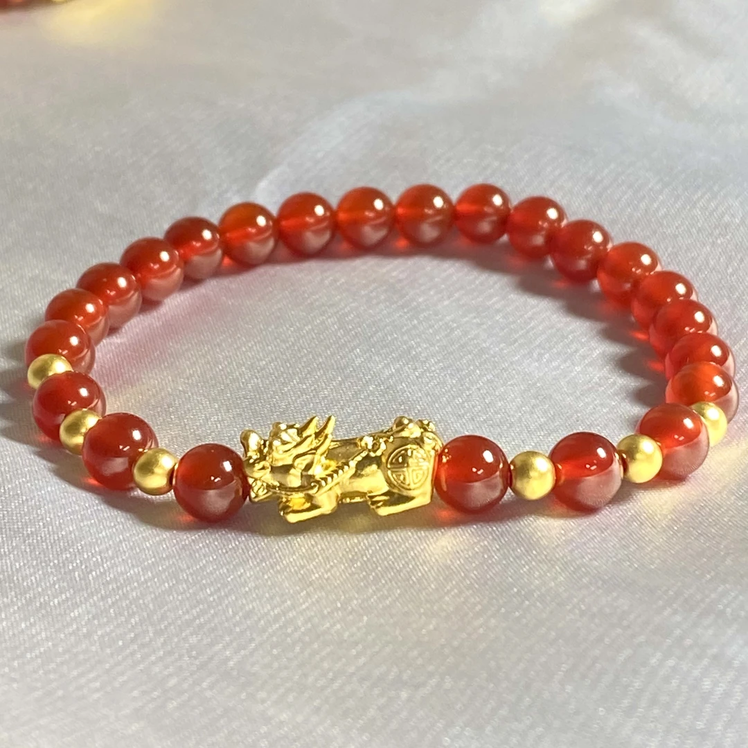 金城 足金999貔貅+6颗卡4古法搭红玛 瑙手串