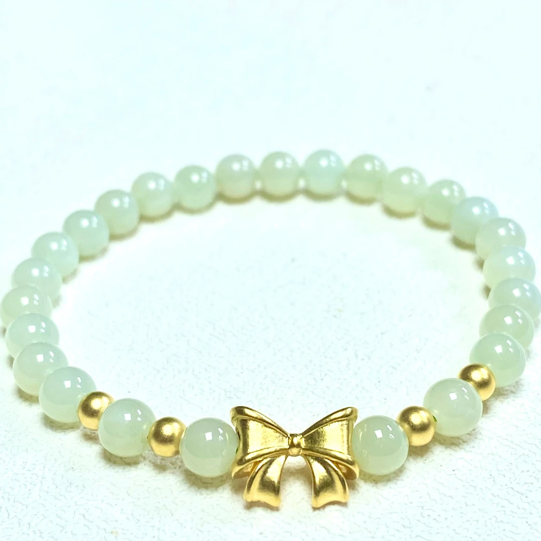 足金999直孔蝴蝶结+4颗卡4古法金珠搭和 田 玉手串@@A382