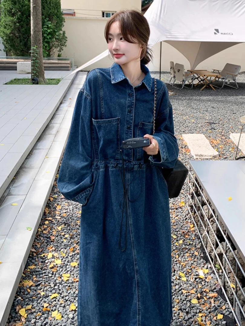 胖妹妹mm港风复古牛仔连衣裙女秋装大码300斤宽松遮肉显瘦衬衫裙2