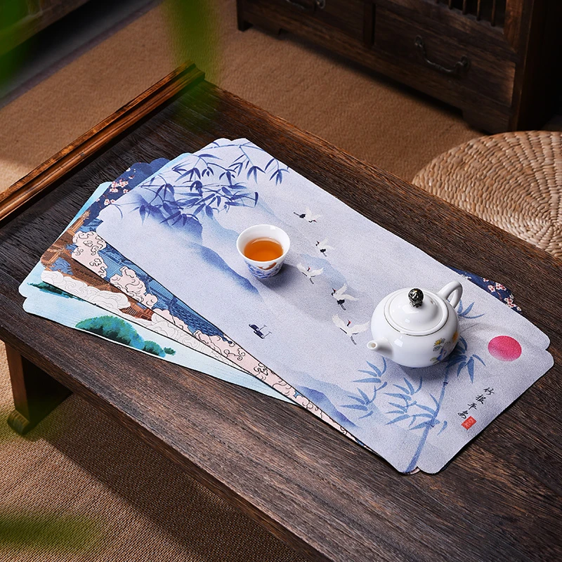 麂皮绒干泡巾短茶席高端茶巾中国风桌旗吸水布垫复古茶桌垫主人席