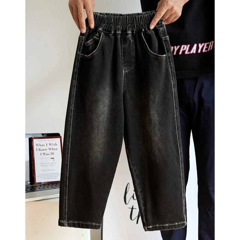 男童软牛仔裤韩版女童高弹休闲裤小童洋气春秋大童牛仔裤宽松直筒