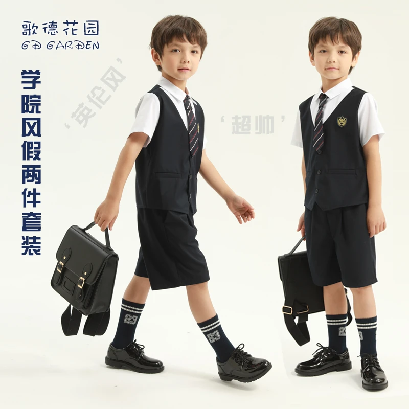 儿童学院风假两件套夏季超帅花童短袖短裤套装帅气男童礼服表演服