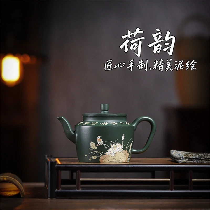 宜兴紫砂壶H1020熊文娟绿泥彩绘荷韵