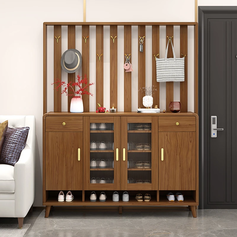 新中式客厅玄关隔断柜鞋柜一体实木框带挂衣架门口现代家用衣帽柜