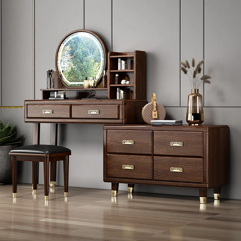 新中式梳妆台主卧实木化妆台储物柜可伸缩整装化妆桌收纳柜一体台