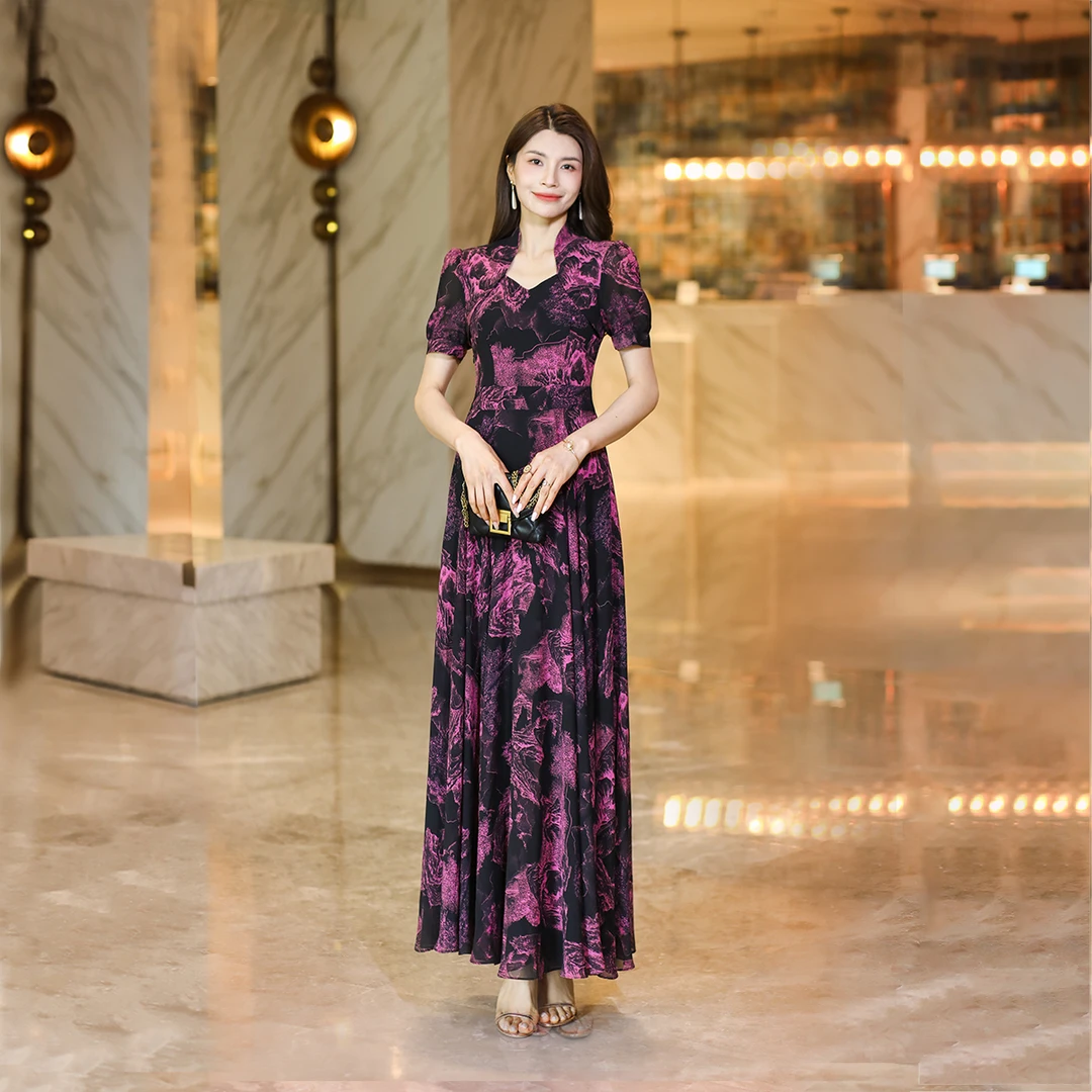 2024夏季新款修身显瘦高腰气质时尚名媛大摆中式连衣裙蕾丝2376