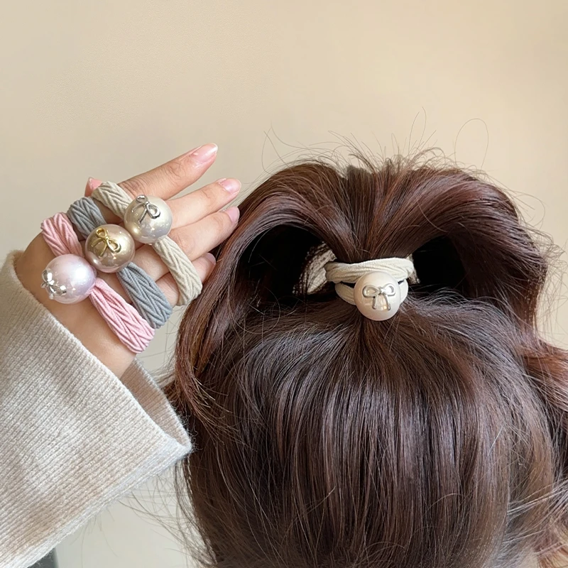 甜美蝴蝶结珍珠发圈少女高弹力头绳时尚洋气扎头发高马尾发绳头饰